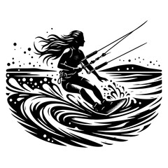 Female Kite Surfer Carving a Tight Arc, Dynamic Splash and Flowing Lines in Graphic Black-and-White Illustration