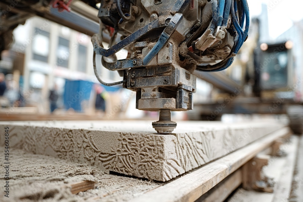Poster close up of a robotic arm precisely carving an intricate design into a concrete block, showcasing th