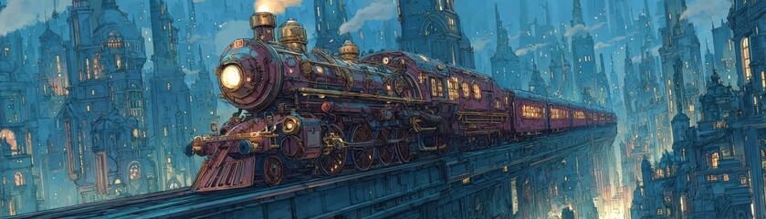 Fototapeta premium Design an intricate steampunk train speeding through a futuristic cityscape at dusk, blending the old with the new