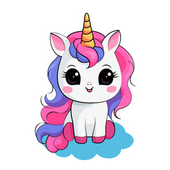 Baby Unicorn sitting on a cloud, isolated colorful vector illustration. Kawaii children's print, poster, elememt for design of clothing, textiles, rooms.
