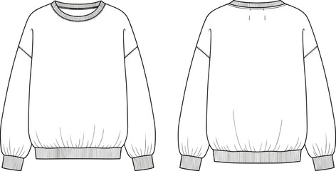 Oversized crew neck sweatshirt flat sketch, fashion cad template, front and back view, technical vector illustration with ribbed hem and cuffs