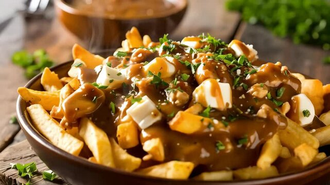Hearty serving of poutine featuring crispy golden fries, cheese curds, rich gravy, and a garnish of fresh parsley sprigs.