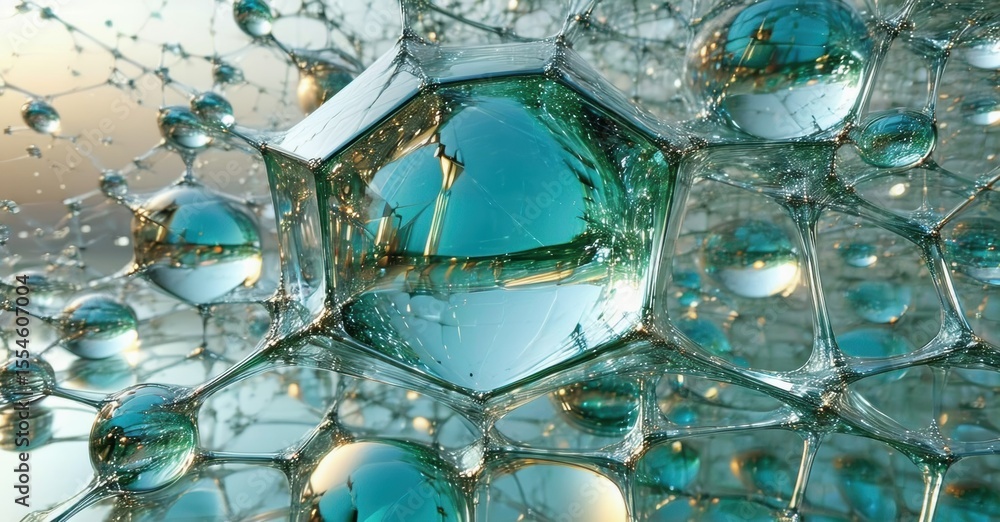 Leinwandbilder Bubbles form complex hexagonal structures. Light refracts, creating vibrant teal hues. Abstract macro photography showcases fluid dynamics.
