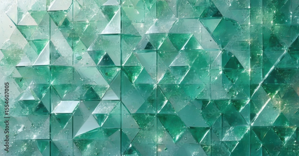 Poster Geometric pattern. Emerald hues create textured wall. Triangular prisms reflect light, forming abstract design. Modern aesthetic.