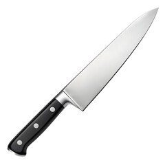 Professional chef knife with black handle and shiny steel blade isolated on transparent background