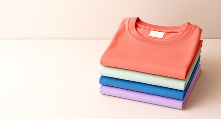 Stack of neatly folded colorful cotton t-shirts on a pastel background, with focus on fabric texture and label area. Perfect for apparel branding and textile mockups.