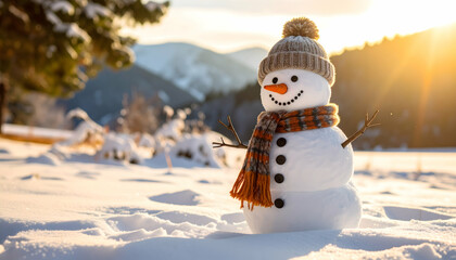 Obraz premium Smiling Snowman with Knit Hat Standing in Sunny Snowy Landscape