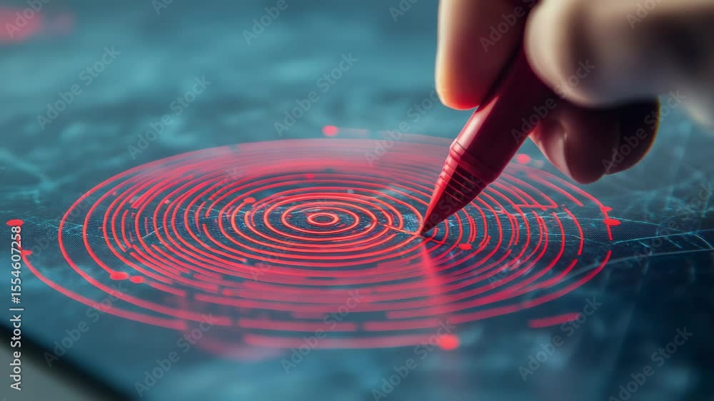 Aufkleber Geologist pointing with digital pen on a tablet screen showing concentric red circles radiating from epicenter of earthquake, possibly assessing magnitude and impact zone