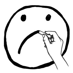Small hand with chalk, writes and draws a sad face, hand drawn illustration, black pencil drawing, transparent background, PNG