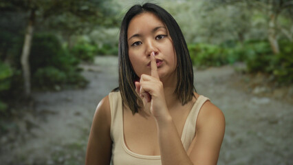 Woman gesturing quiet in serene outdoor park setting with lush greenery, emphasizing tranquility...