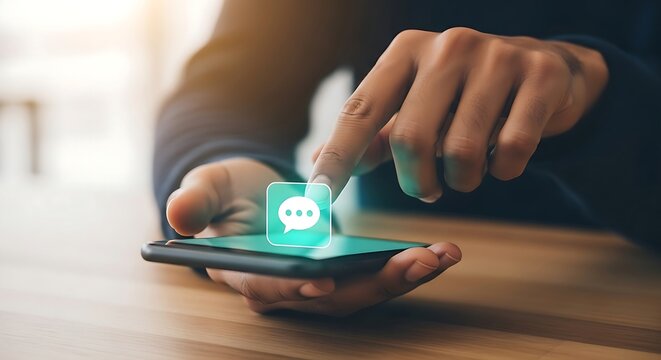 Person interacts with a messaging app on a smartphone, communicating, chatting and sending digital messages in the mobile world.