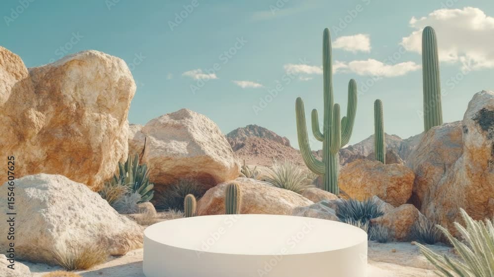 Poster a scenic landscape with a circular white table in the middle, surrounded by tall cacti and vast dese