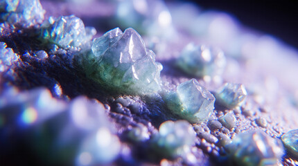  Extreme Close-Up of Glowing Mineral Crystals Forming on an Alien Surface, Captured in Macro Photography Style with Shimmering Textures, Vibrant Reflections, Atmospheric Lighting, and High Sci-Fi Eleg