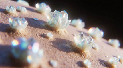  Extreme Close-Up of Glowing Mineral Crystals Forming on an Alien Surface, Captured in Macro Photography Style with Shimmering Textures, Vibrant Reflections, Atmospheric Lighting, and High Sci-Fi Eleg
