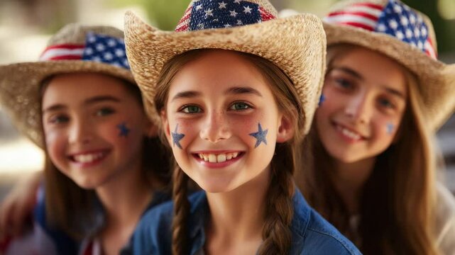 Three cheerful girls, each happy child and kid, wear summer straw hats and denim shirts, their female faces adorned with blue star face paint, smiling brightly outdoors as they celebrate together