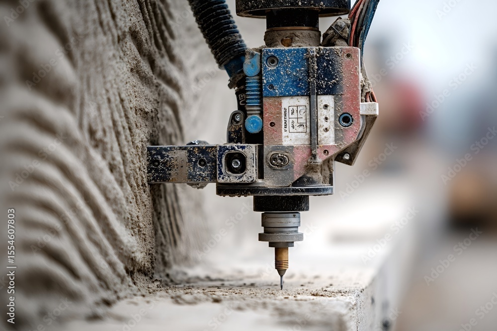 Poster close up of robotic arm applying concrete mix during a 3d printing construction process, showcasing 