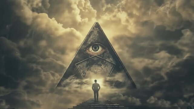 Mysterious illuminati symbolism featuring all-seeing eye within triangle as lone figure stands beneath dramatic stormy clouds representing conspiracy theories and secret power