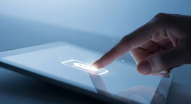 Finger touches charging battery icon on digital tablet, symbolizing energy, technology, and connection. - Powered by Adobe