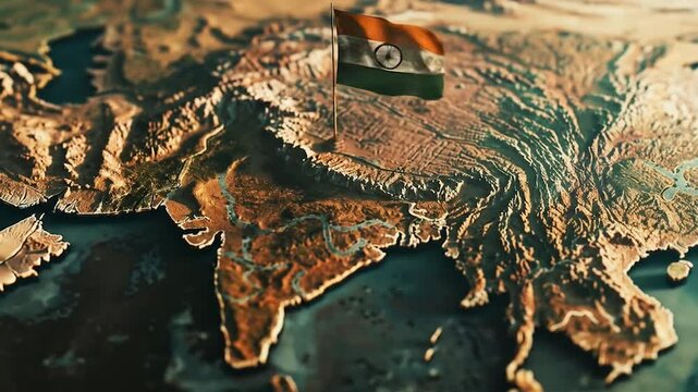 Detailed topographical map of India displaying national flag colors overlaid on geographical terrain showing diverse landscapes from mountains to coastal regions and plains