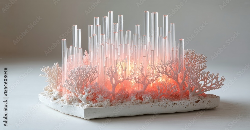 Aufkleber glass cylinders surround coral structures atop white base. light emanates from center, creating warm
