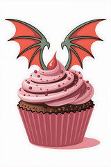 Dragon-winged cupcake with pink frosting.
