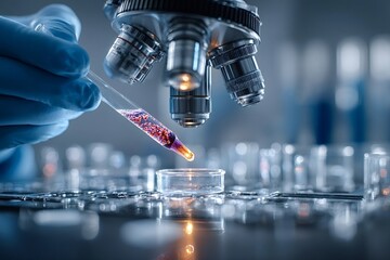 Close up of gloved hand dripping liquid from pipette into petri dish under microscope in laboratory setting, conducting scientific research