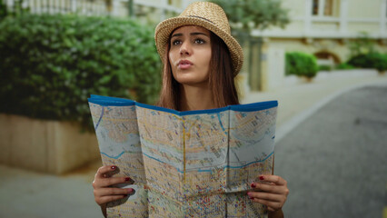 Woman exploring outdoors holding map in urban street wearing hat, appearing as curious tourist with a focused expression under natural daylight, highlighting travel experience.