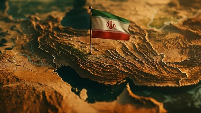 Iranian flag positioned on detailed topographical relief map showing mountainous terrain and strategic geographic location in Persian Gulf region