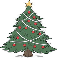 Stylized Cartoon Christmas Tree with Lights and Ornaments  Festive Holiday Clipart on White Background