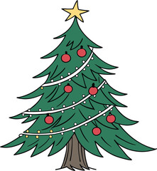 Child Friendly Christmas Tree Illustration with Golden Star and Red Decorations  Bright Holiday Vector Design