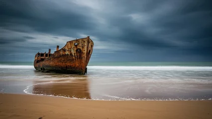 A single, weathered shipwreck half-buried in a sandy shore