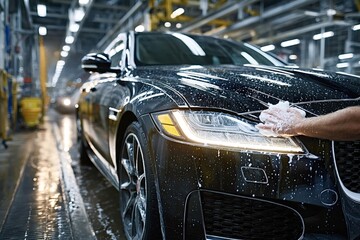 Car wash worker is cleaning a modern black car with a sponge in an assembly line, ensuring its pristine condition before leaving the factory