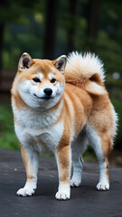 A Shiba Inu dog, standing alert and proud.
