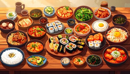 Traditional korea food displayed on a white background