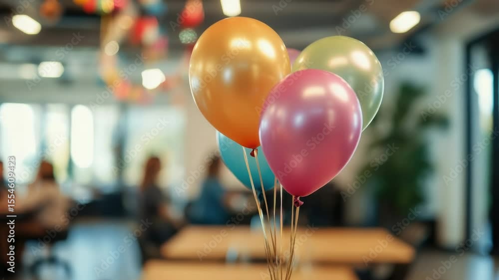 Poster a group of colorful balloons are tied to a table, ready for use