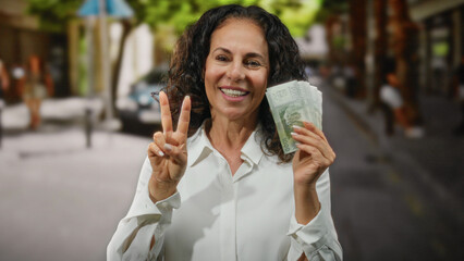 Middle-aged woman holding chilean pesos and making a victory sign on a city street, expressing...