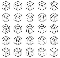 Fine dice game, game dices, set, hand drawn illustration, black pencil drawing, transparent background, PNG