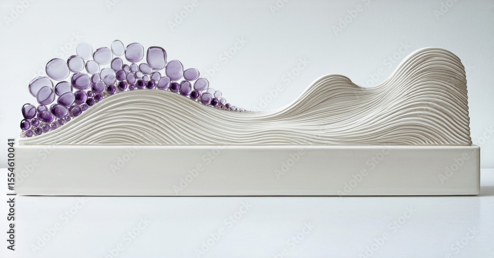 Poster sculpture features undulating white surface topped with amethyst clusters. minimalist design, clean 