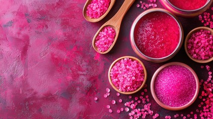 Pink bath salts and sugar scrub in wooden bowls and spoons on textured red background for spa or beauty treatment. Copy space