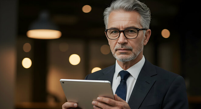 Confident Mature Businessman Using Tablet in Modern Office Setting