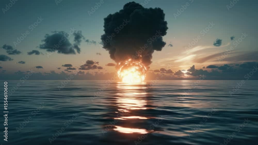 Poster a massive cloud of smoke rises from the ocean's surface, creating a dramatic and mysterious scene