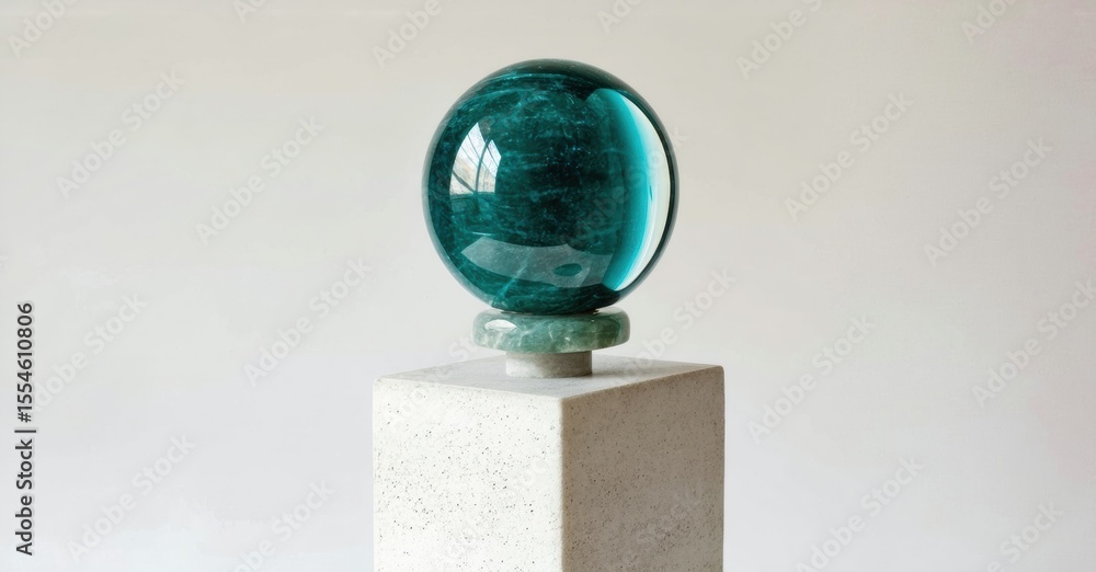 Poster glass sphere rests atop stone pedestal. teal hues dominate, creating simple yet striking visual. cle