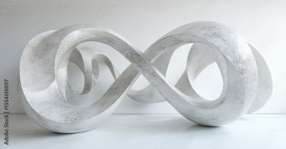 Poster silver sculpture depicts infinity symbol. smooth curves create flowing form, textured surface adds v