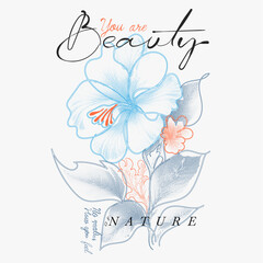 flowers hibiscus botanical art style. summer tropical flowers. printed t-shirt design forwomen's, Vintage Doted flowers print, Beauty of nature slogan text print design. flower graphic in vector,
