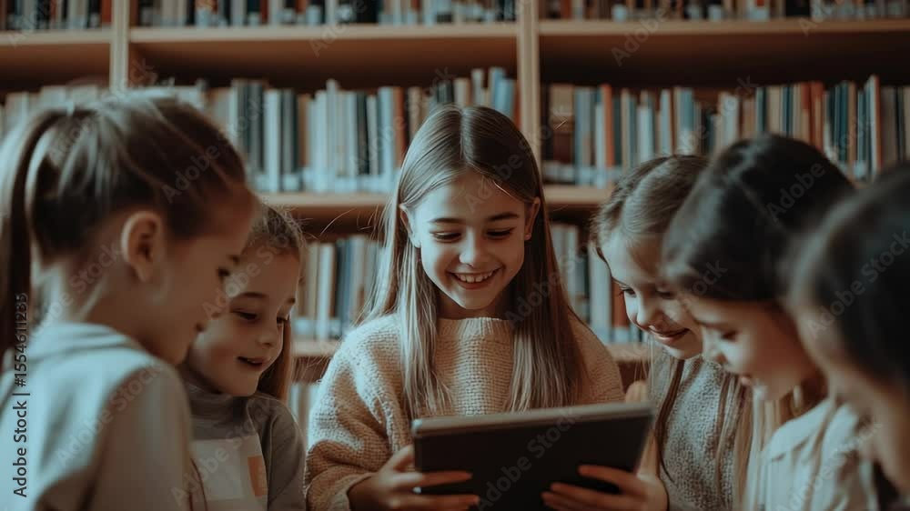 Aufkleber Group of happy pupils using digital tablet in school library, collaborating on project and enjoying learning process together, surrounded by books