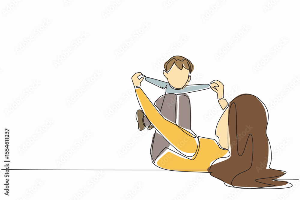 Poster continuous one line drawing mother lying on the floor while playing with baby. sunbathing in the mor