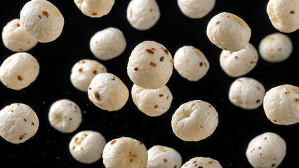 Puffed makhana or fox nuts levitate against a dark backdrop in a studio shot