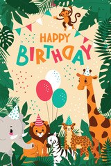 Obraz premium Kids birthday card,African animals,safari theme.A fun card with lettering and balloons.Cartoon vector illustration in a flat style