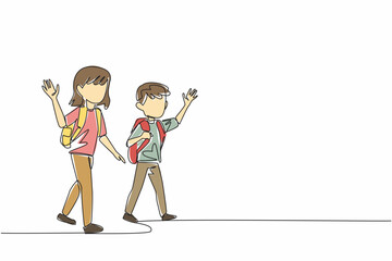 Single one line drawing older sister and younger brother walking waving their hands. Be friendly and polite. Childhood. National Brothers and Sisters Day. Continuous line design graphic illustration