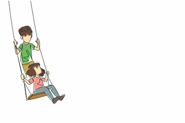 Single one line drawing older brother standing and younger sister sitting on the swing. Moment of joy. Harmonious. Play. National Brothers and Sisters Day. Continuous line design graphic illustration